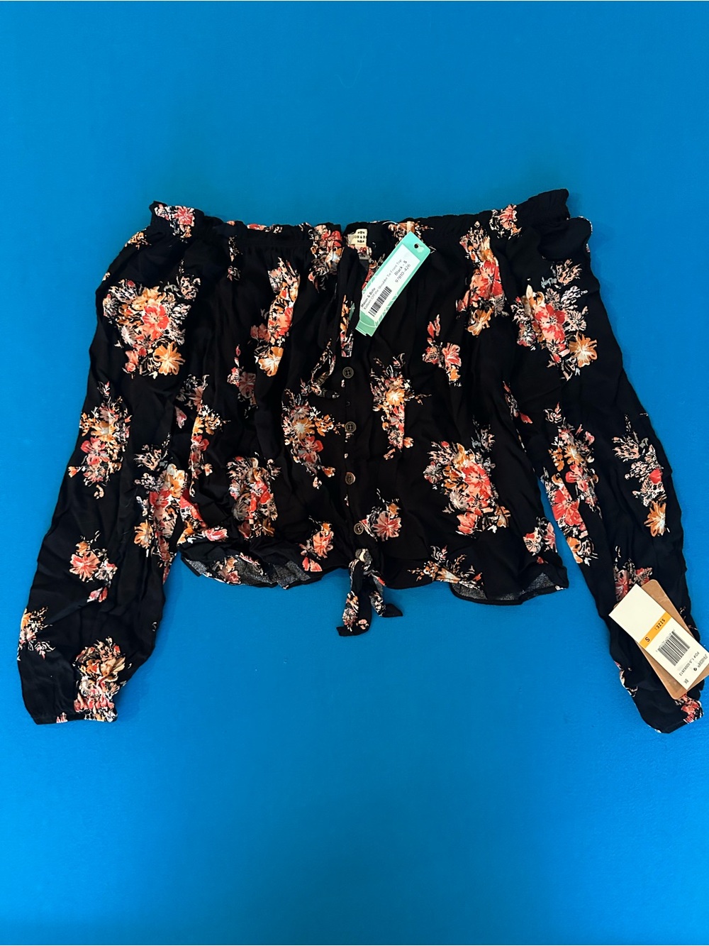MASON & BELLE Off Shoulder Black Floral Tie Front Top